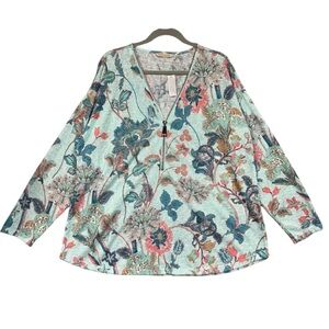 NEW Soft Surroundings Valentina Zip Sweater Knit Boho Sz 2X Blue Floral